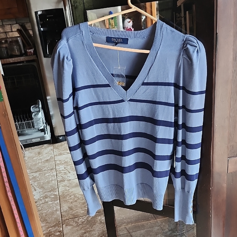 Rachel Light Blue V‑Neck Sweater with Navy Stripes